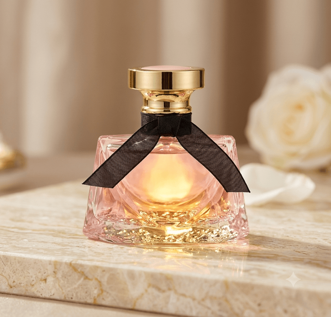 Skinglow Rosée pink glass perfume bottle with black ribbon