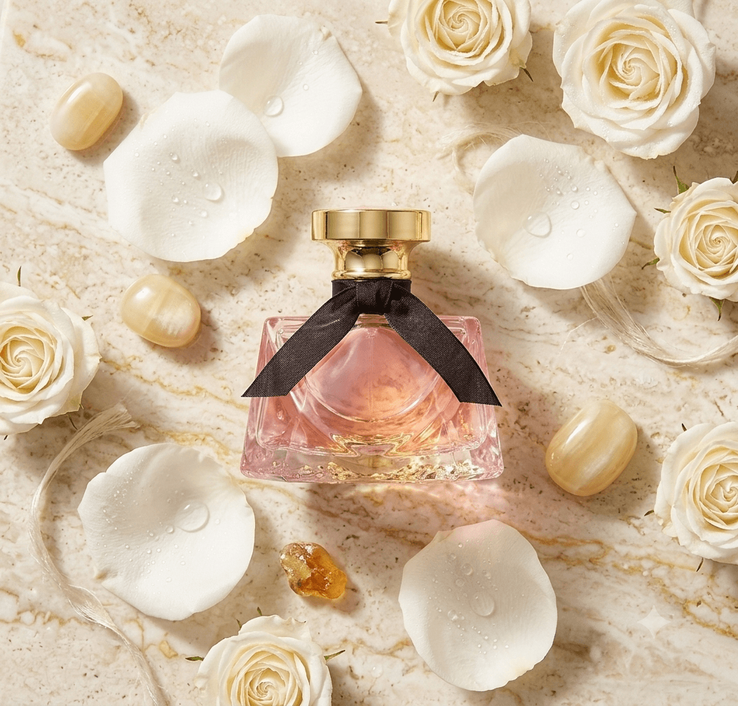 Skinglow Rosée surrounded by white roses and luminous stones