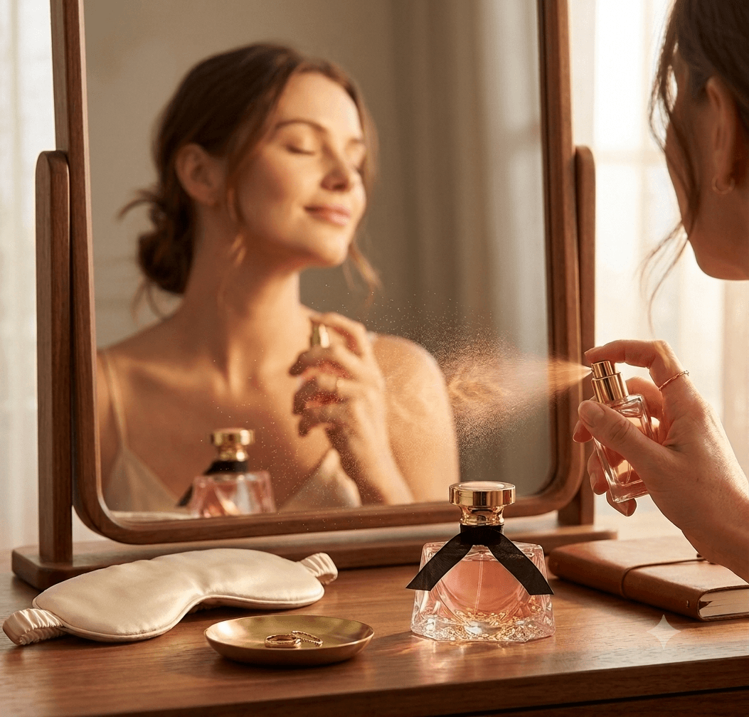 A woman applying fragrance at her dressing table